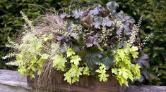 a planter filled with lots of green and yellow flowers sitting on top of a wooden bench