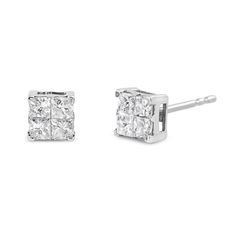 Get ready for the compliments when you wear these shimmering diamond stud earrings. Crafted in cool 10K white gold, each squared earring features 4 invisible set, princess-cut diamonds that create a dazzling appearance of a larger diamond. Radiant with 1 ct. t.w. of diamonds and a bright polished shine, these elegant post earrings secure with friction backs. Princess Cut Diamond Earrings, Diamond Stud Earrings, Diamond Stud, Princess Cut Diamonds, Square Shape, High Quality Jewelry, Princess Cut, Diamond Earrings Studs, Diamond Studs