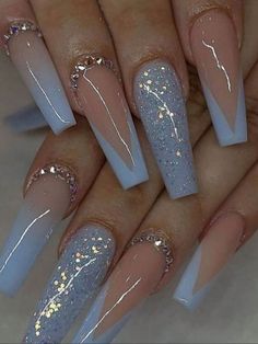 24pcs Long Coffin Blue Glitter Decor Fake Nail False Nails Press On Nails Glue Nail Art Cute, Quince Nails, Baby Blue Nails, Long Square Acrylic Nails