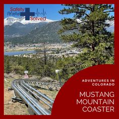 an advertisement for the adventure in colorado featuring mountains and a train track with trees on it