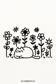 Easy Cute Cat Drawing Idea, Cat in a Flower Garden Cat And Yarn Drawing, Funny Cat Drawings Art, Simple Cat Illustration, Cute Cat Doodles Easy, Cute Easy Sketches, Cat Simple Drawing, Cat Doodle Easy, Funny Cat Drawings, Cute Cat Drawing Easy