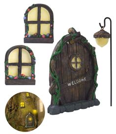 a set of three lights that are on top of a wooden door with a welcome sign