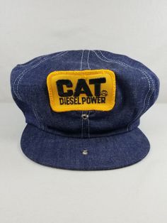 Vintage CAT Hat Rare Caterpillar Patch Denim Snapback Newsboy Cap 70s NOS USA. Spring Denim Flat Cap, Retro Cotton Flat Cap, Vintage Denim Baseball Cap, Vintage Denim Hat For Streetwear, Vintage Denim Hat For Spring, Vintage Denim Cap, Denim Hats, Patch Denim, Cat Caterpillar