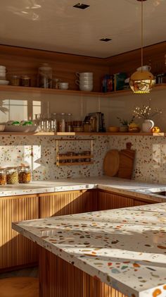 a kitchen with wooden cabinets and counter tops