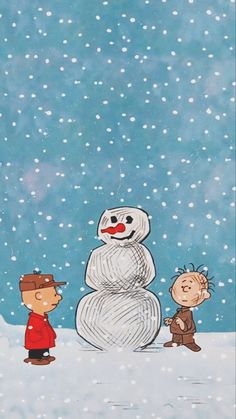 a drawing of a snowman and two children standing in front of the snow man