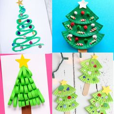 four different christmas trees made out of popsicle sticks and colored pencils on paper