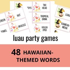 four hawaiian themed party games with the words, luau party games 48 hawaiian - themed words