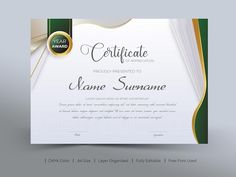 an award certificate is shown in green and gold colors, with a ribbon around it