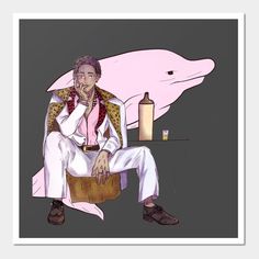 a man sitting in a chair next to a bottle and a dolphin on the wall