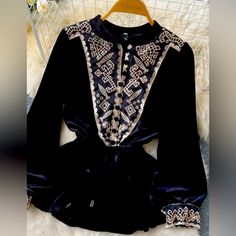 All Dimensions Are Measured By Hand, So It's Normal Have Some Little Deviations, It Usually Around 2-3cm, Please Understand Chest Circumference:100 Cm Shoulder Width: 37cm Elegant Floral Embroidered Tops For Winter, Elegant Long Sleeve Blouse With Geometric Embroidery, Elegant Embroidered Winter Tops, Elegant Long Sleeve Tops With Geometric Embroidery, Elegant Black Long Sleeve Embroidered Top, Elegant Long Sleeve Black Embroidered Top, Black Long Sleeve Top With Geometric Embroidery, Black Embroidered Long Sleeve Top For Fall, Black Long Sleeve Embroidered Top For Fall