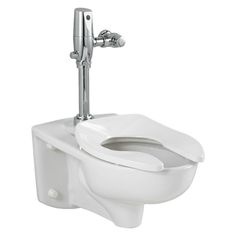 a white toilet with the seat up and a metal handle on it's side