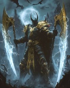 an image of a demonic demon with two swords in his hand and lightning behind him