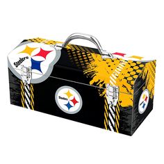 a black, yellow and white nfl lunch box