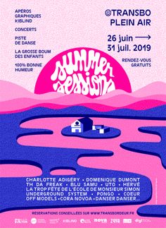 an event poster with the words summer bash written in pink, blue and purple colors