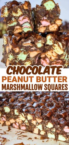 chocolate peanut butter marshmallow squares stacked on top of each other with the words, chocolate peanut butter marshmallow squares