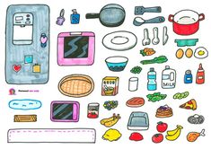 a drawing of various kitchen items and cooking utensils