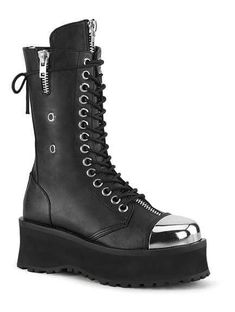 GRAVEDIGGER-14 - Men's Platform Boots w/Chrome Toe Cap Demonia Gravedigger, Goth Platform Boots, Goth Platforms, Platform Shoes Boots, Black Mid Calf Boots, Demonia Boots, Demonia Shoes, Vegan Leather Boots, Leather Knee Boots