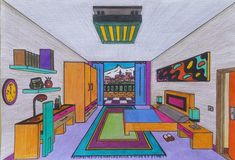 a drawing of a living room filled with furniture and colorful carpeted flooring on the walls