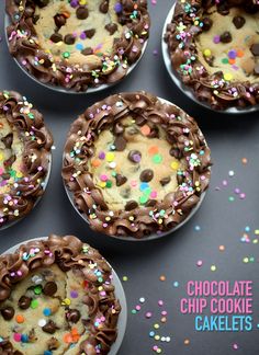 chocolate chip cookie cupcakes with sprinkles on top