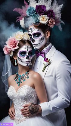 a man and woman are dressed up in day of the dead wedding attire with flowers on their head