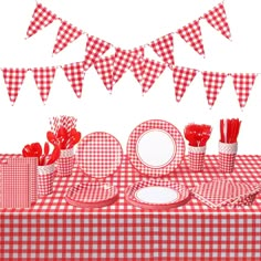 PRICES MAY VARY. Sufficient Quantity: there are 3 pieces of red and white checkered tablecloths in 54 x 108 inch, 2 pieces of red and white checkered pennant banners in 6.6 feet, 25 pieces of 9 inch dinner plates, 25 pieces of 7 inch dessert plates, 25 pieces of 9 oz paper cups, 25 pieces of paper napkins in 13 x 13 inch (unfold size), 25 pieces of paper straws, 25 pieces of knives, 25 pieces of forks, 25 pieces of spoons, 205 pieces in total, sufficient quantity can meet your various party usin Bbq Birthday Party Decorations, Summer Picnic Decorations, Backyard Bbq Party Decorations, Bbq Theme Party, End Of Summer Bash, Red And White Party, Ring Dunk, Bbq Decorations, Dinner Picnic