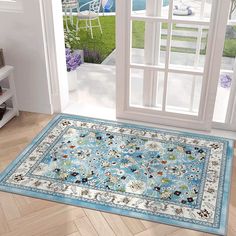 a blue and white area rug with an open door in front of the room that leads to a patio