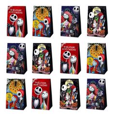 the nightmare before christmas gift bags are decorated with cartoon characters and pumpkins for halloween