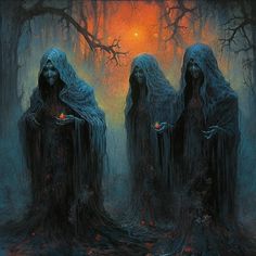 three ghostly people standing in the middle of a forest at night, with candles glowing from their hands