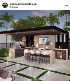 an outdoor kitchen and dining area with palm trees in the backgrounge, surrounded by white chairs