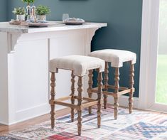 two stools sitting in front of a counter