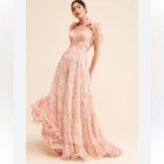 Ruffle Cutout Dress Size L New Pink Ruffled Maxi Dress For Prom, Feminine Peach Maxi Dress With Ruffles, Spring Blush Dress With Ruffles, Pink Maxi Dress For Spring Bridesmaid, Blush Ruffled Dress For Spring, Pink Maxi Dress For Bridesmaid In Spring, Pink Ruffled Maxi Dress For Bridesmaids, Pink Ruffled Bridesmaid Maxi Dress, Peach Ruffled Evening Dress