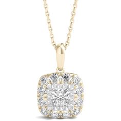 This elegant 10K yellow gold solitaire pendant necklace features a captivating lab grown, princess-cut center diamond, weighing approximately 1/2 carat, surrounded by 12 round lab grown diamonds. Its alluring design and sparkling brilliance make it a timeless piece of jewelry that enhances any outfit.The leader in lab grown diamonds, Helzberg’s Light Heart Lab Grown Diamonds collection combines a century of heritage and innovation. | 1 ct. tw. Lab Grown Diamond Princess-Cut Halo Pendant Necklace Diamonds Collection, Princess Cut Halo, Diamond Princess, Yellow Gold Solitaire, Solitaire Pendant Necklace, Halo Pendant, Solitaire Pendant, Princess Diamond, Princess Cut Diamonds