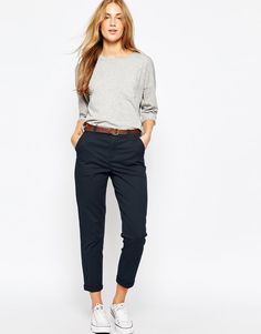 Image 1 of ASOS Chino Trousers with Belt Witte Sneakers Outfit, Chinos Women Outfit, Minimalista Sikk, Womens Chinos, Black Chinos, Mode Casual, Modieuze Outfits, Business Outfit, Casual Work Outfits