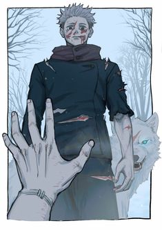 a drawing of a person holding their hands out in front of two wolfs and trees