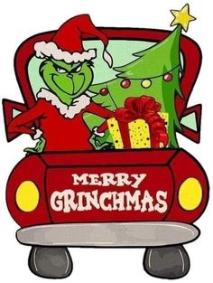 an image of the grinch driving a car with presents in it's trunk