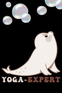 a white seal with bubbles floating in the air and yoga expert on it's back