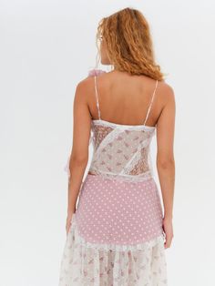 Francine Top — Pink | For Love & Lemons Summer Lace Patchwork Tops, Summer Lace Top With Patchwork, Pink Ruffled Tops For Garden Party, Pink Ruffle Top For Garden Party, Pink Lace Tops With Spaghetti Straps, Pink Lace Top With Spaghetti Straps, Lace Patchwork Tops, Fitted Lace Trim Top For Garden Party, Fitted Tops With Floral Patchwork For Summer