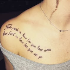 a woman with a tattoo on her chest that says, take peace in love for you have come to know how you can go