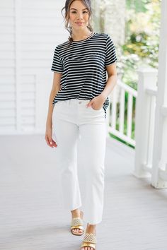 This classic striped top is such a go to! This staple tee is easy to throw on with jeans, skirts, and more! Wear it under cardigans and jackets for an easy layering piece. Round neckline Short sleeves Striped print Curved hem Generous stretch Cindy is wearing the small. Cotton Tops With Striped Hem For Day Out, Chic Spring Top With Striped Hem, Chic Striped Hem Top For Spring, Spring Day Out Tops With Striped Hem, Spring Tops With Striped Hem For Day Out, Contrast Stripes Tops For Spring Day Out, Spring Workwear Tops With Striped Hem, Layering Pieces, Stripe Print