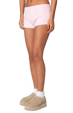 Move in comfort whether you're lounging at home or running weekend errands in these soft ribbed shorts cut from a stretchy cotton blend. Elastic waist 95% cotton, 5% spandex Machine wash, dry flat Imported Basic Loungewear Shorts, Trendy Pajama Shorts, Trendy Short Pajama Shorts, Pink Cotton Pajama Shorts For Lounging, Basic Stretch Shorts For Loungewear, Basic Loungewear Shorts For Spring, Ribbed Summer Shorts With Short Legs, Ribbed Summer Shorts, Casual Cotton Shorts With Ribbed Details