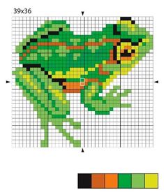 a cross stitch pattern with a green frog on it's back and yellow, orange, and black stripes