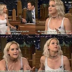 an image of a woman on the tonight show talking to another person about her job