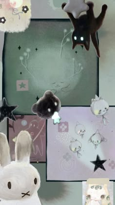 an image of a rabbit in the middle of some art work with stars and clouds above it