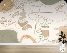 the wall is decorated with coffee related items