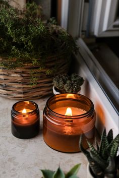 two candles sitting next to each other on a window sill with succulents