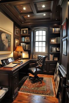 a home office with wooden floors and built in bookshelves