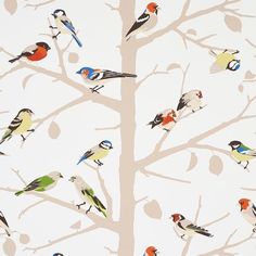 birds are sitting on the branches of a tree in front of a wallpapered background