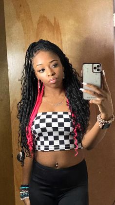 Pink peekaboo hair | black girl hairstyles | black girl braids | teeth braces | chill outfits | black girl fashion | ootd | fashion outfits | selfies | black girl | pink hair | pretty black girl aesthetic | lashes | black girl makeup Black And Pink Peekaboo Goddess Braids, Goddess Braids With Pink Peekaboo, Pink Peekaboo Goddess Braids, Goddess Braids With Peekaboo, Long Peekaboo Braids With Curls, Black And Pink Peek A Boo Box Braids, Peekaboo Hair Black, Boho Braids Peekaboo, Pink And Black Hair Braids