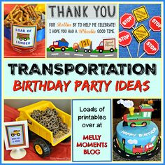 a birthday party poster with pictures of cars and trucks on the front, along with words that read, transportation birthday party ideas loads of printables over at melly moments blog