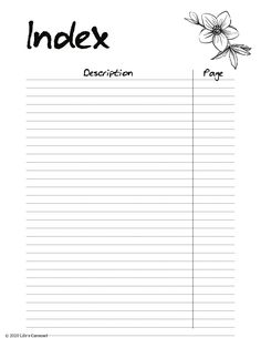 an index with flowers on it and the words index written in black ink next to each